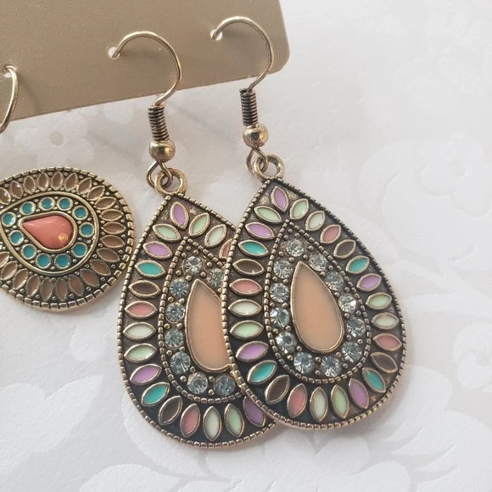 Multi-colored Earrings Set Round‎ Drop-shaped Flower Set Turquoise